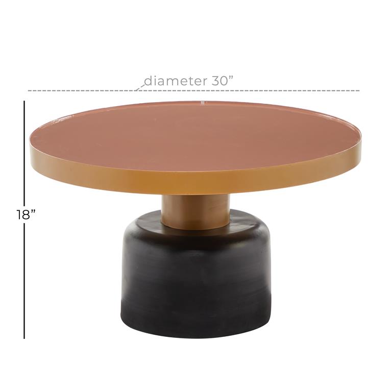 Round Gold and Black Metal Coffee Table with Dark Peach Enamel Inlay