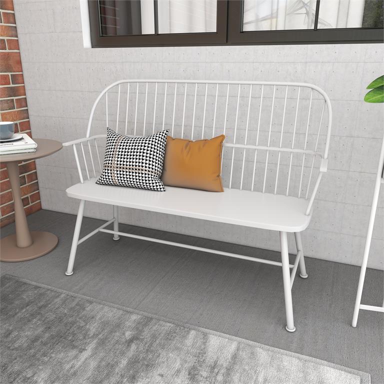 White Metal Farmhouse Outdoor Bench 48"W, 38"H