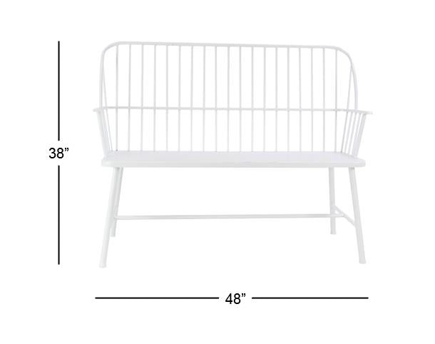 White Metal Farmhouse Outdoor Bench 48"W, 38"H