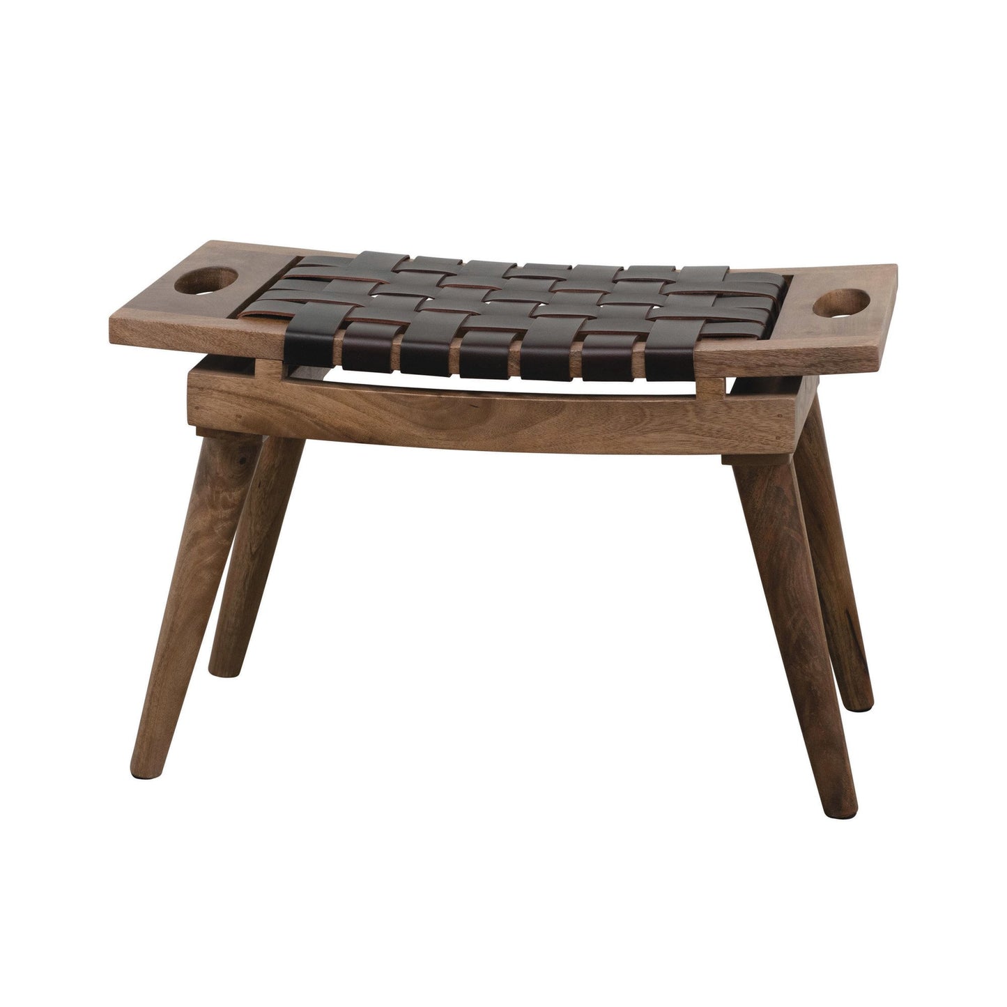 Mango Wood and Leather Stool Bench with Handles