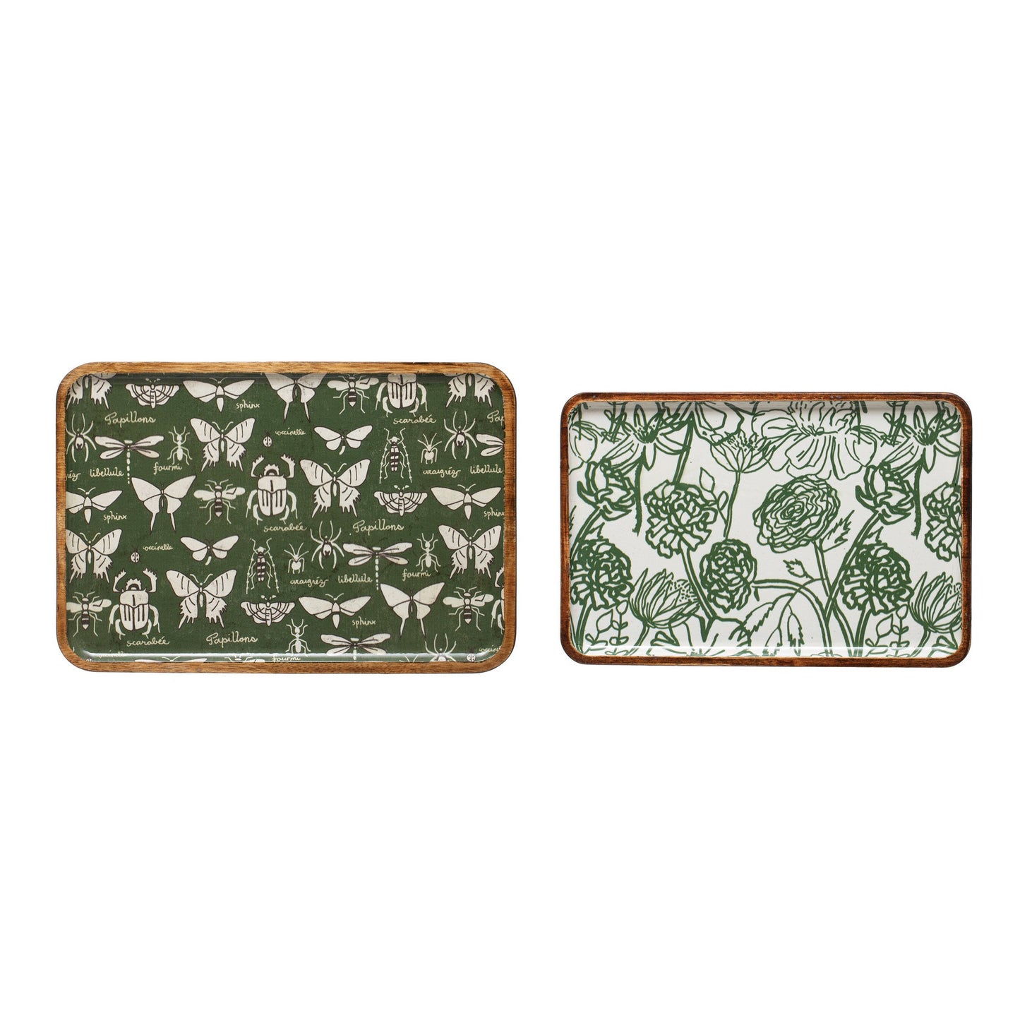 Enameled Acacia Wood Trays, Garden Print Set of 2