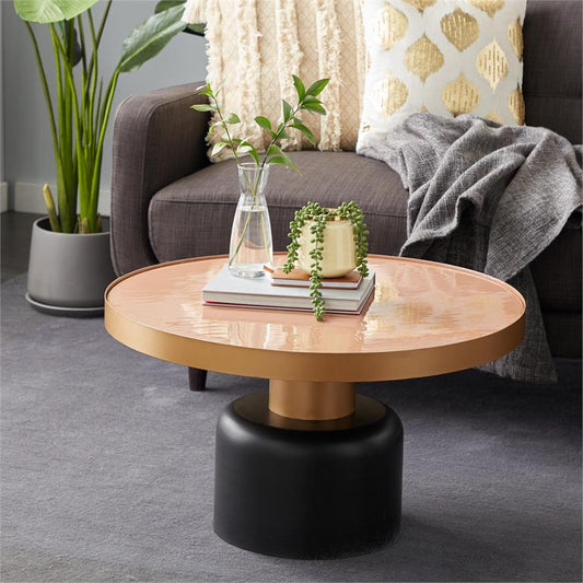 Round Gold and Black Metal Coffee Table with Dark Peach Enamel Inlay