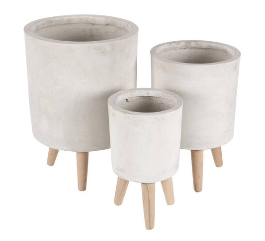 Ceramic Planter with Tripod Wood Feet, Set of 3 12", 15", 17"H