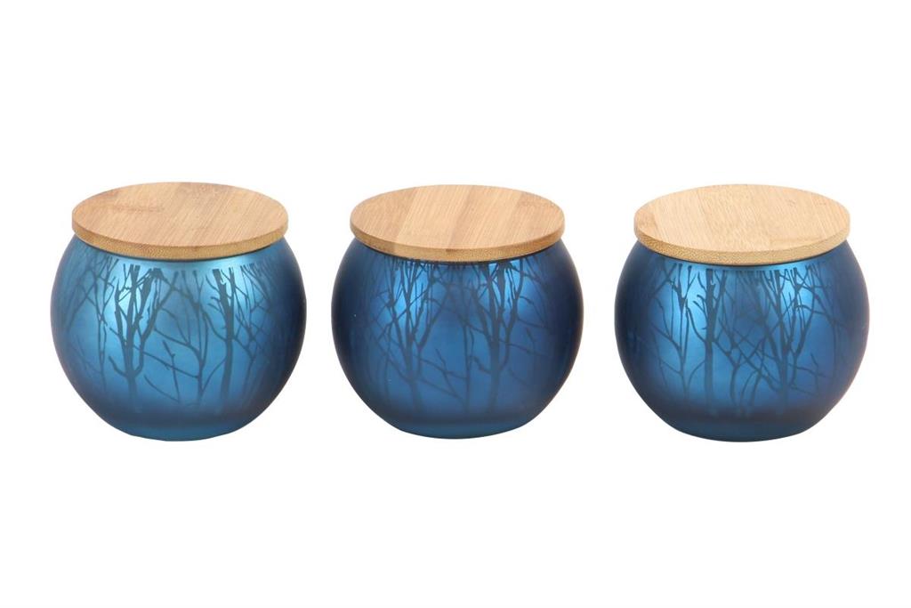 Blue Glass Wood Candle Votive S/3 4"W, 4"H
