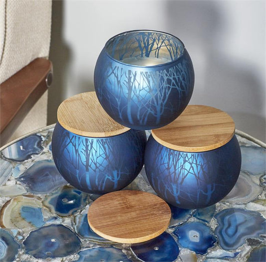Blue Glass Wood Candle Votive S/3 4"W, 4"H
