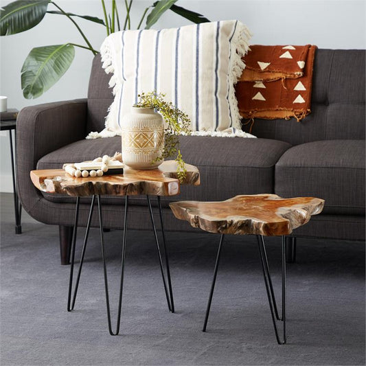 Brown Teak Wood Contemporary Accent Table, Set of 2 20", 23"W