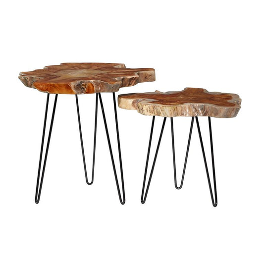 Brown Teak Wood Contemporary Accent Table, Set of 2 20", 23"W