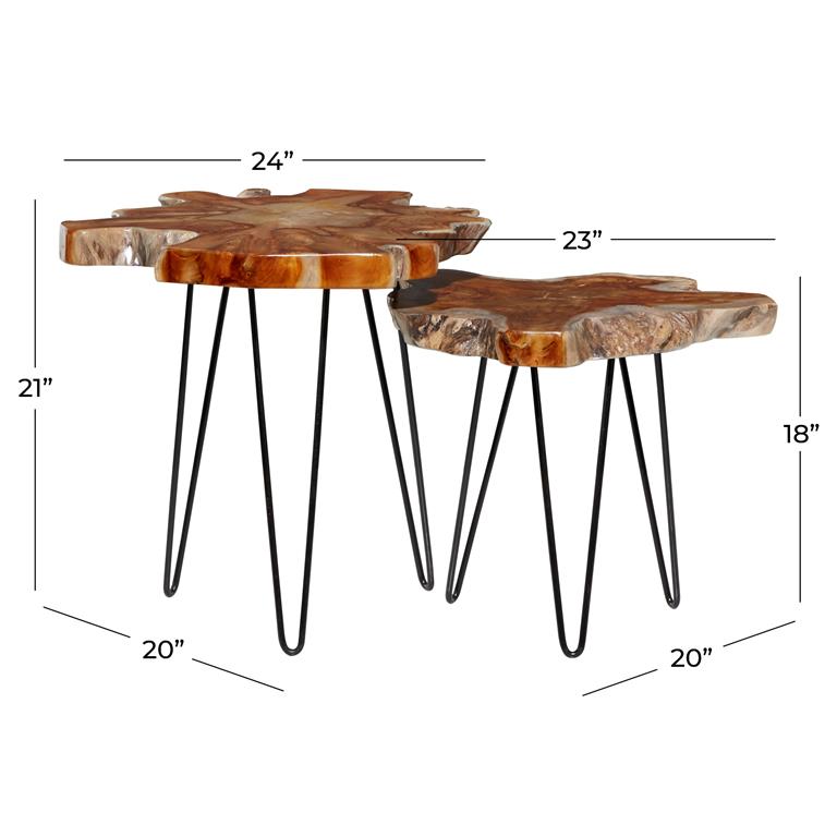 Brown Teak Wood Contemporary Accent Table, Set of 2 20", 23"W