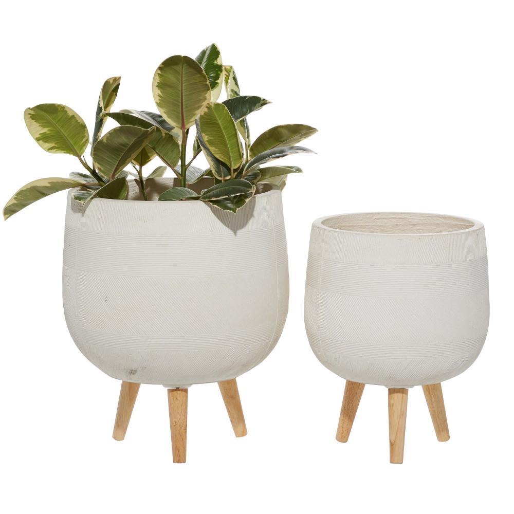 Contemporary Round Ceramic Planter with Tripod Wood Feet, Set of 2 15", 17"H