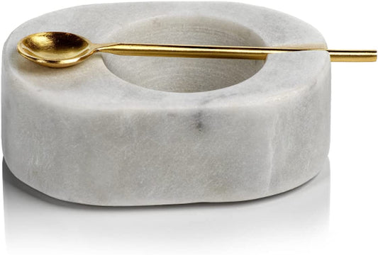 Tuscan White Marble Salt & Pepper Bowl with Gold Spoon