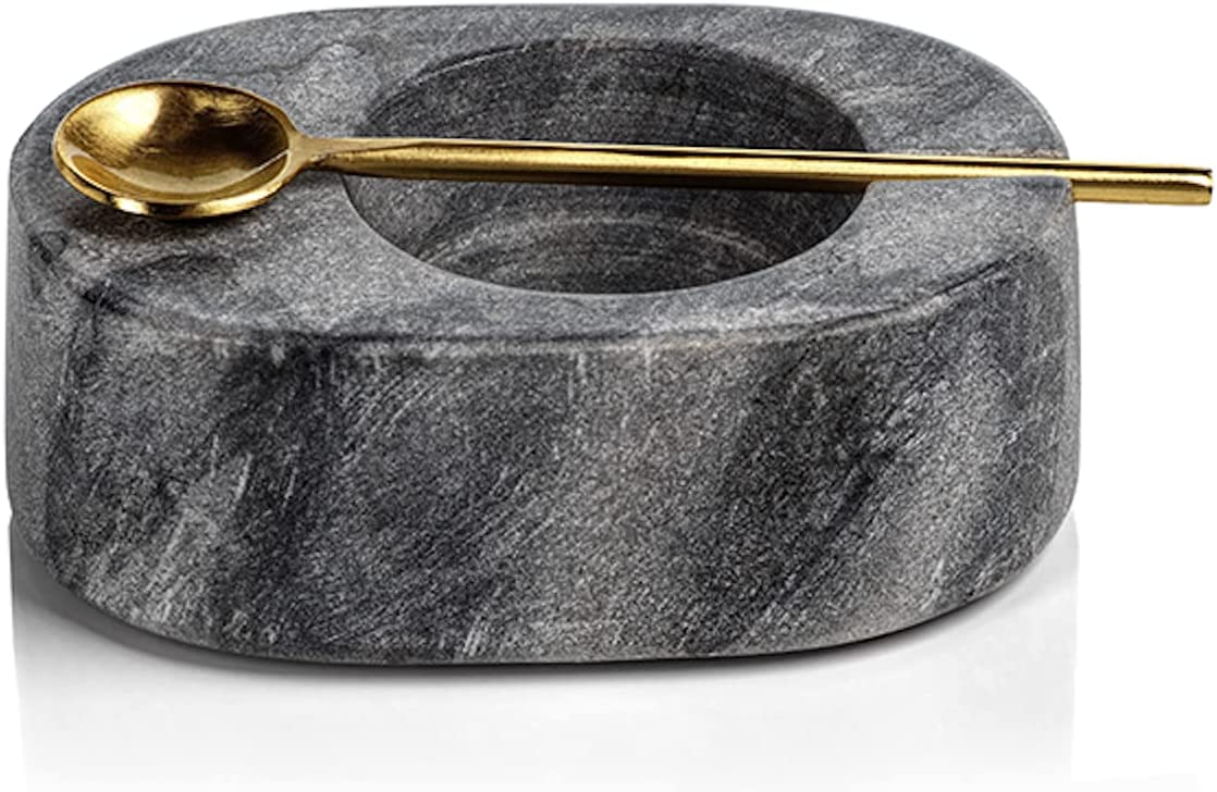 Tuscan Gray Marble Salt & Pepper Bowl with Gold Spoon