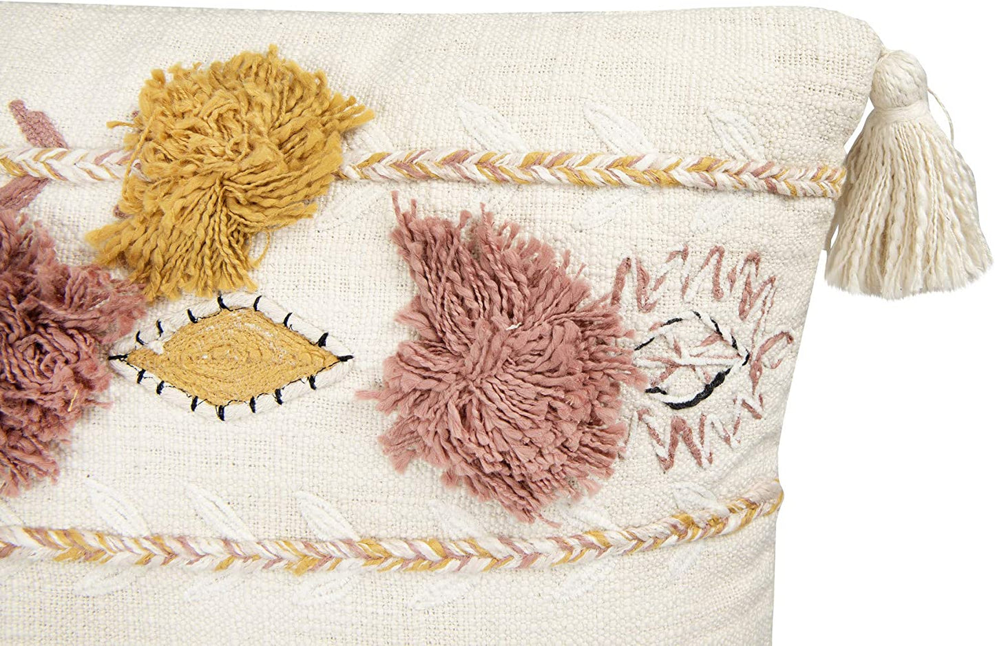 Tassels and Appliques and Accented with Mustard Pillows and Pink Poms