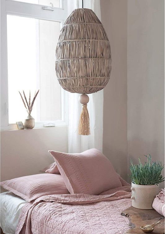 Boho Rattan Hanging Long Chandelier Light Fixture with Wood Bead & Tassel