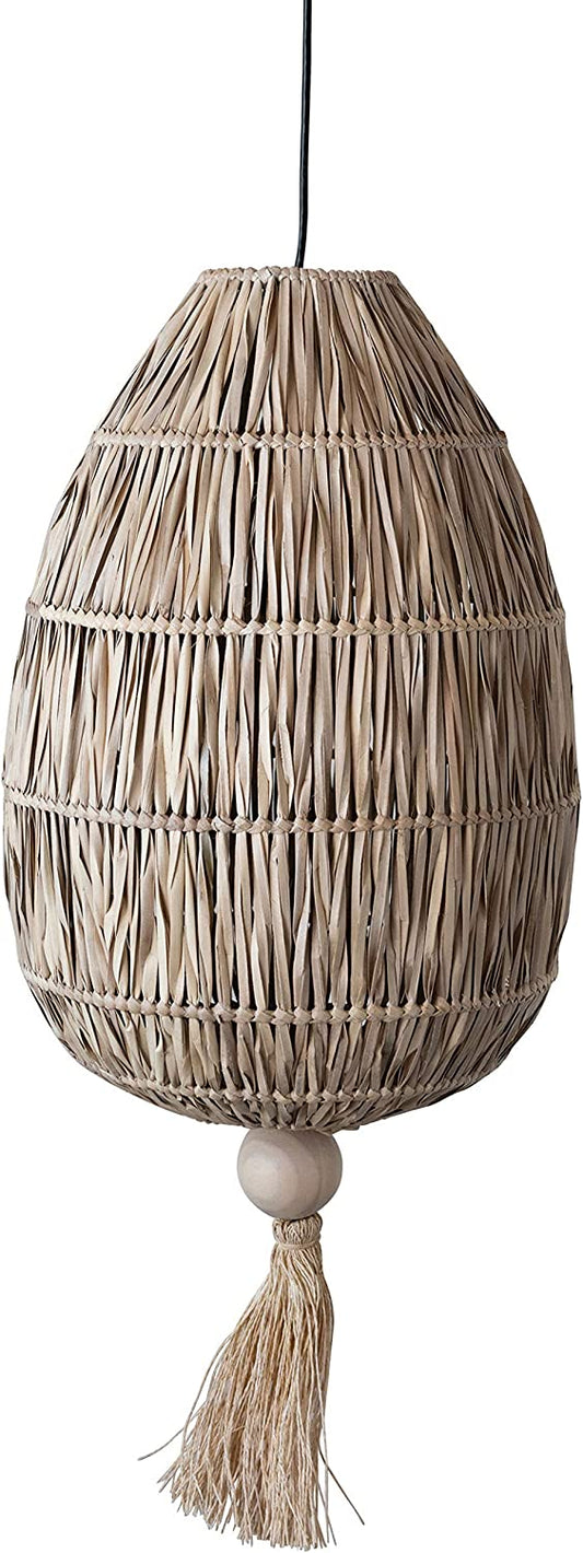 Boho Rattan Hanging Long Chandelier Light Fixture with Wood Bead & Tassel