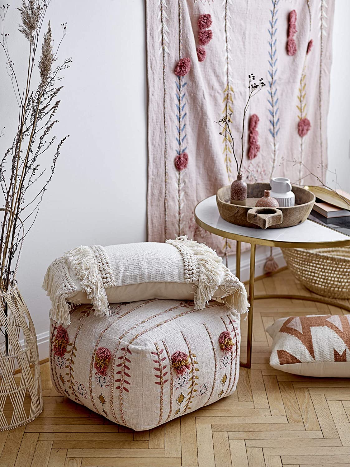 Embroidered Pink Cotton Decorative Applique Throw