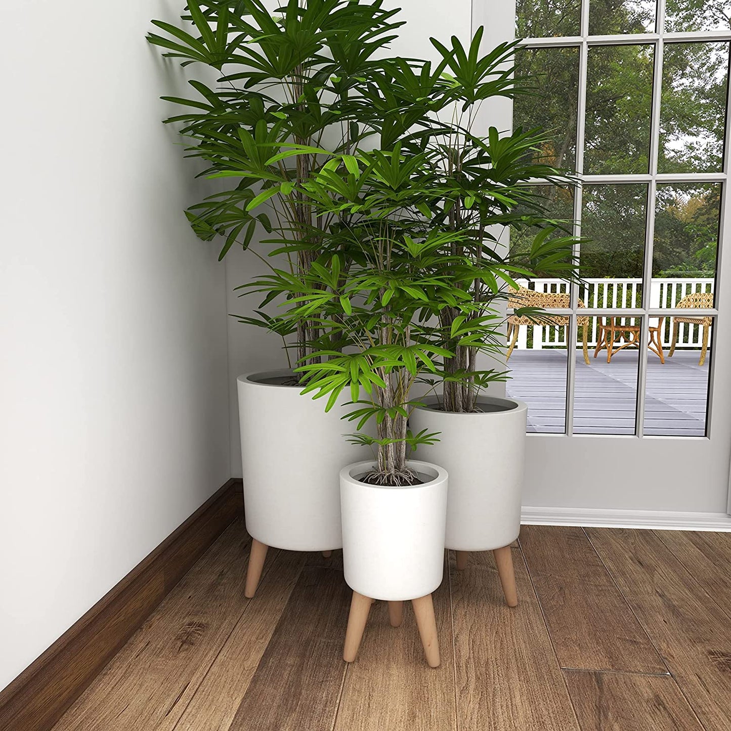 Ceramic Planter with Tripod Wood Feet, Set of 3 12", 15", 17"H