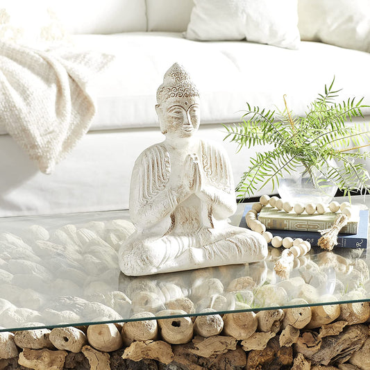 Cream Eclectic Paper Buddha Sculpture, 13" x 7" x 16"