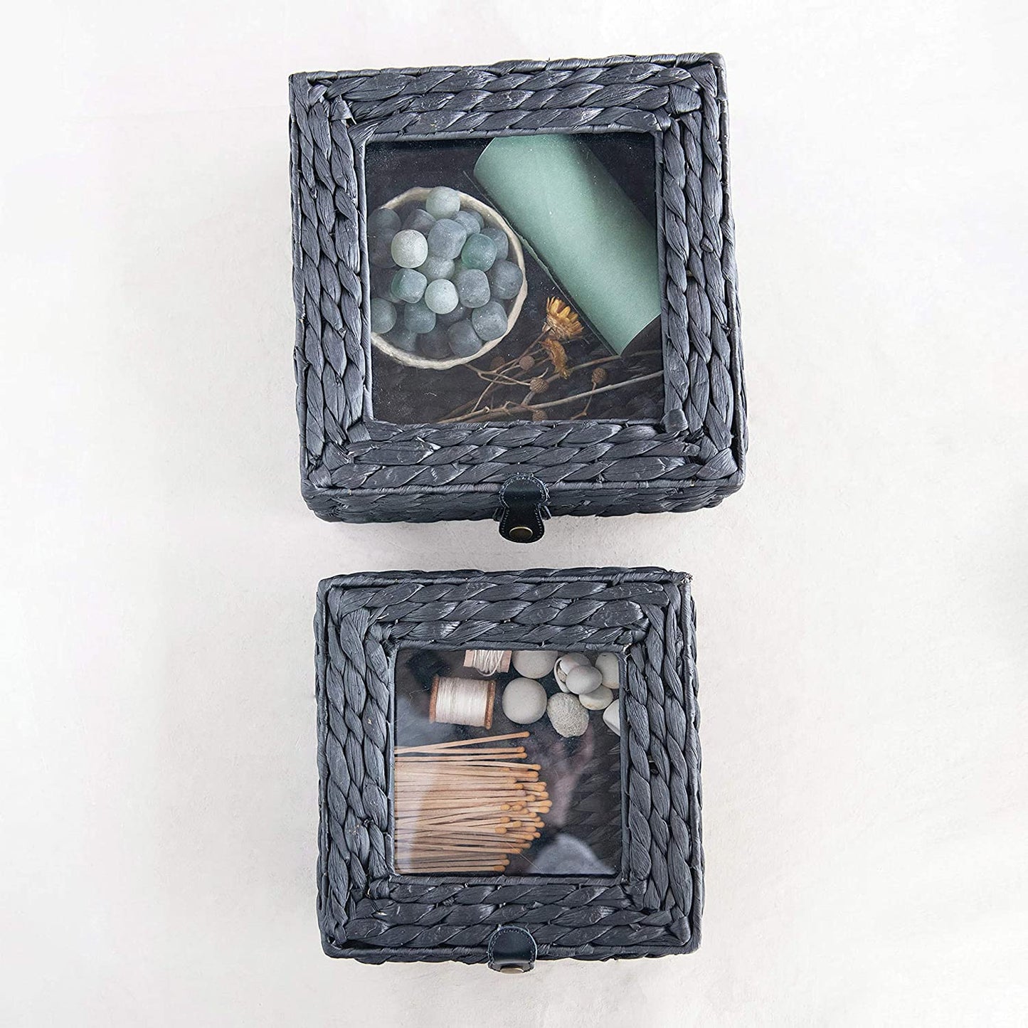 Hand-Woven Seagrass & Glass Display Box with Lid Set of 2