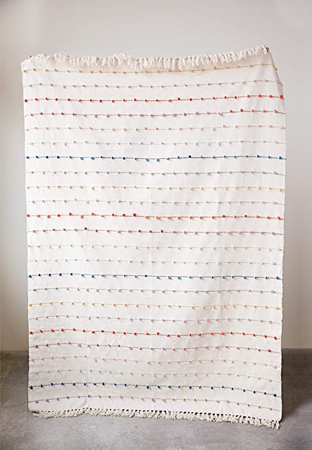 Cotton Throw With Multicolor Embroidered  Loop Striples