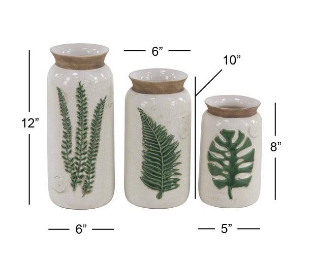 8", 10", 12"H Stoneware Coastal Style Vase, White, 3 - Pieces