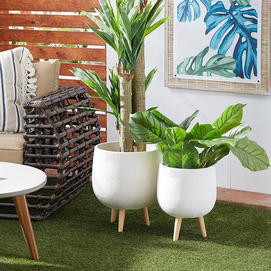 Contemporary Round Ceramic Planter with Tripod Wood Feet, Set of 2 15", 17"H