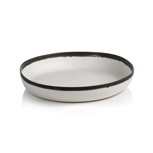 9" Medium Trento White Shallow Bowl with Black Volcanic Rim