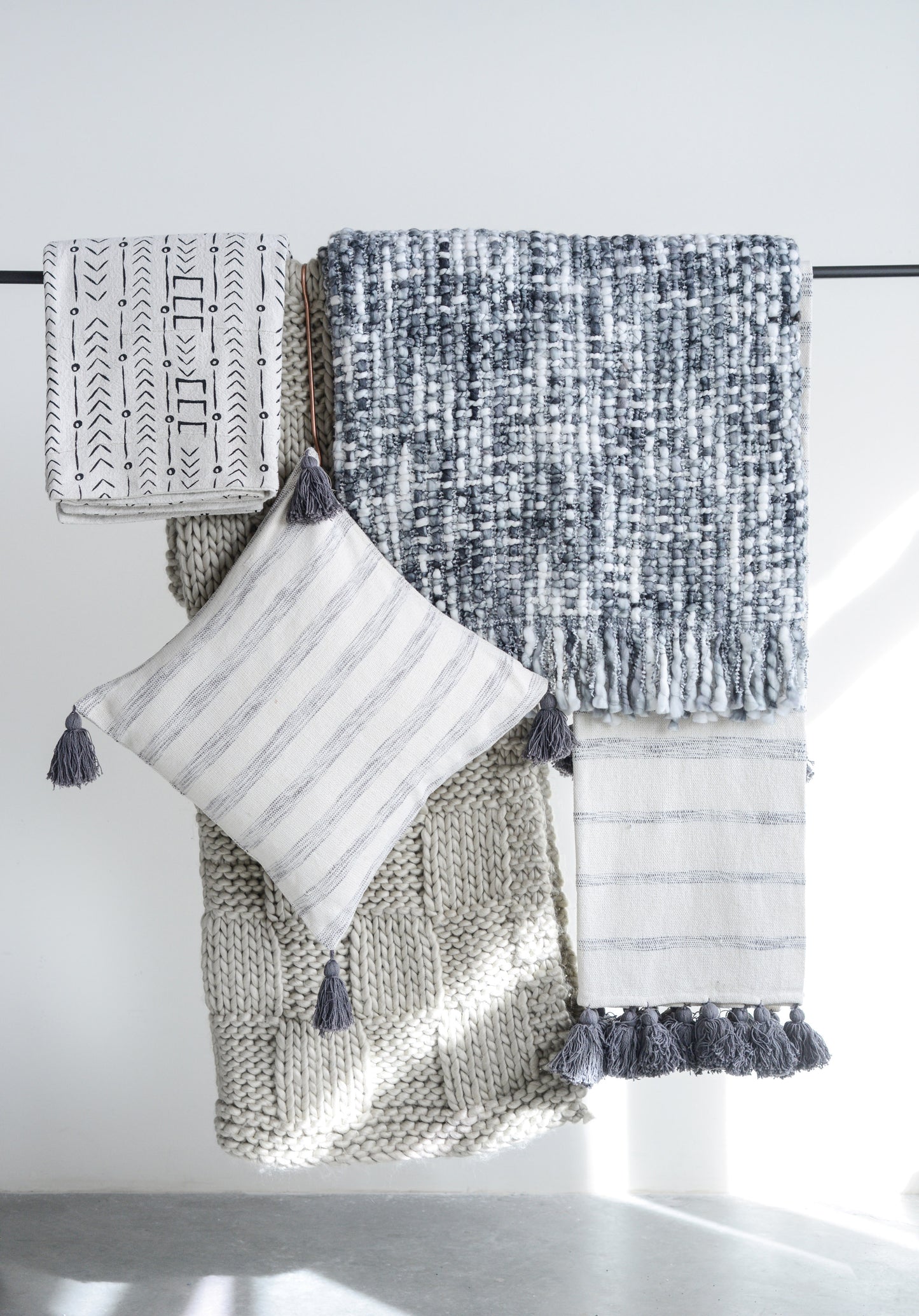 Cotton Woven Throw With Gray Stripe s and Tassels