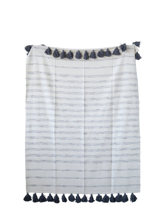 Cotton Woven Throw With Gray Stripe s and Tassels