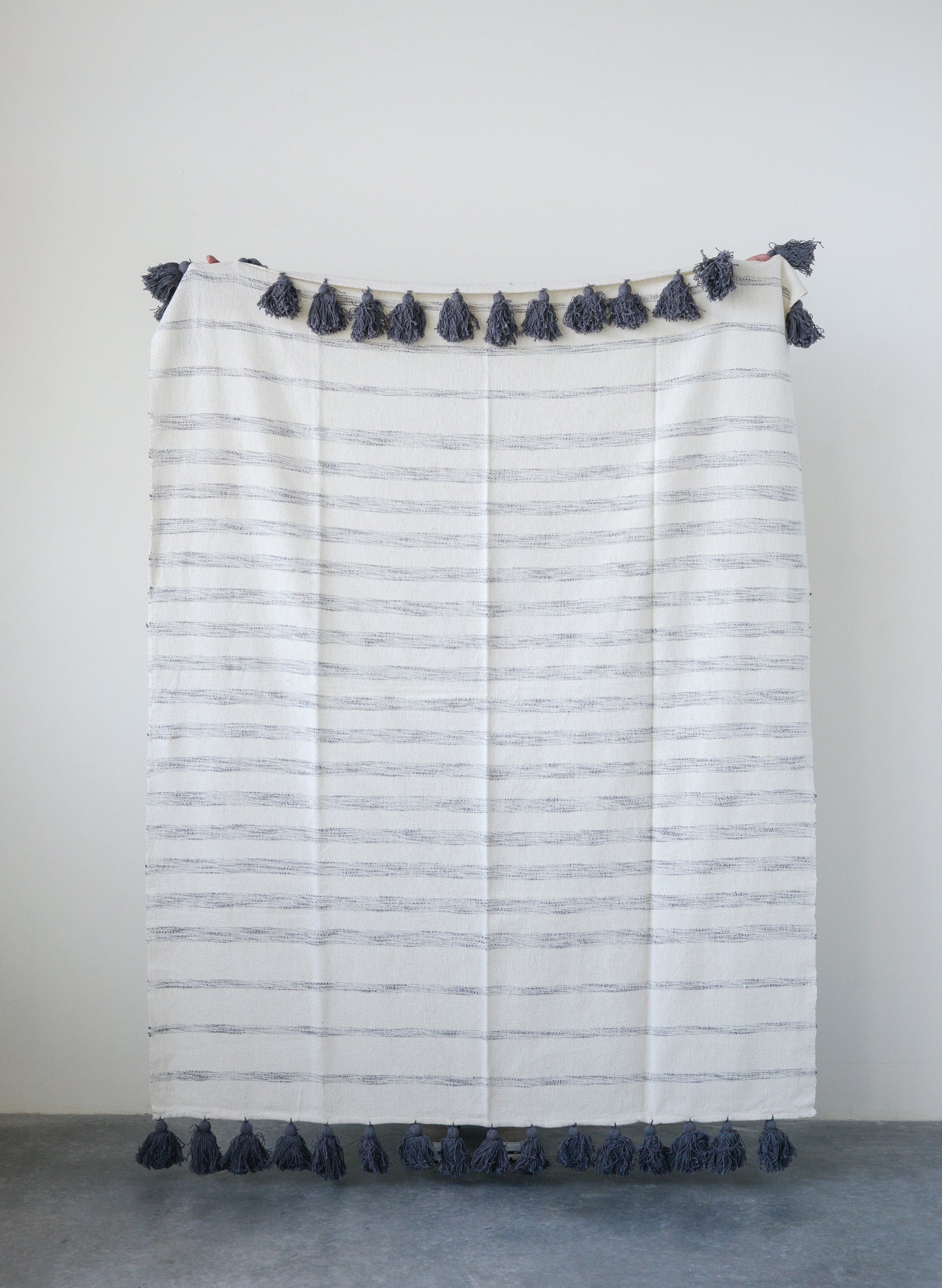 Cotton Woven Throw With Gray Stripe s and Tassels