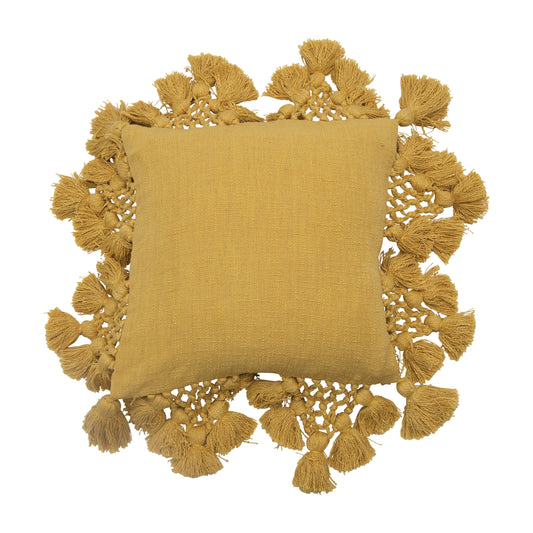 Cotton Slub Pillow with Crochet and Tassels Yellow