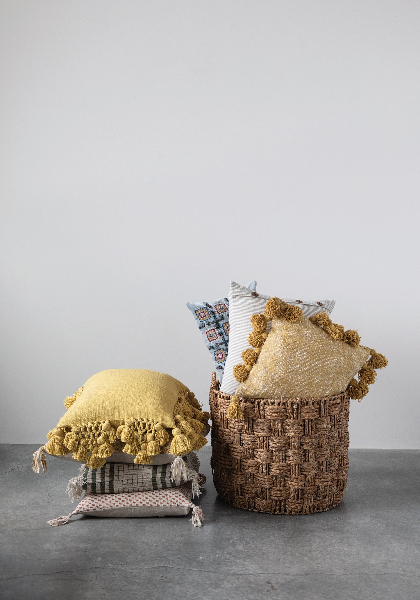 Cotton Slub Pillow with Crochet and Tassels Yellow