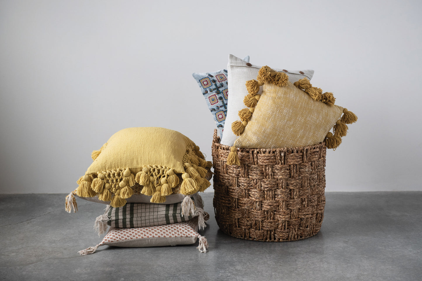 Cotton Slub Pillow with Crochet and Tassels Yellow