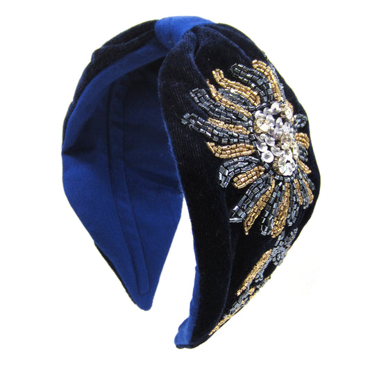 Velvet Sequins Beaded Headband Navy Blue