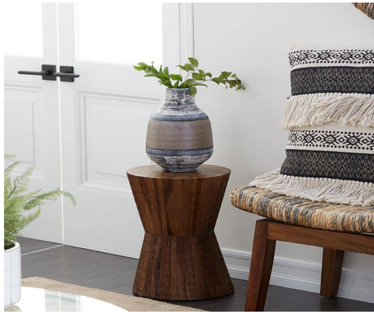 Brown Teak Wood Contemporary Stool 13"W, 18"H