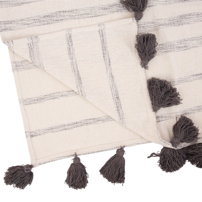 Cotton Woven Throw With Gray Stripe s and Tassels