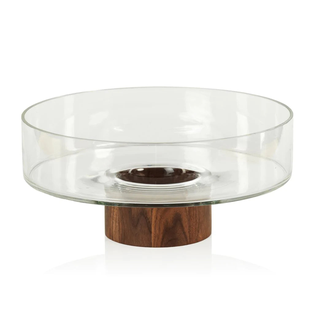 Large West Indies Glass Bowl on Walnut Wood Base 13" x 5.75"