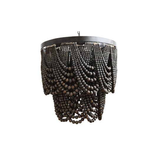 Black Metal and Wood Beaded Chandelier