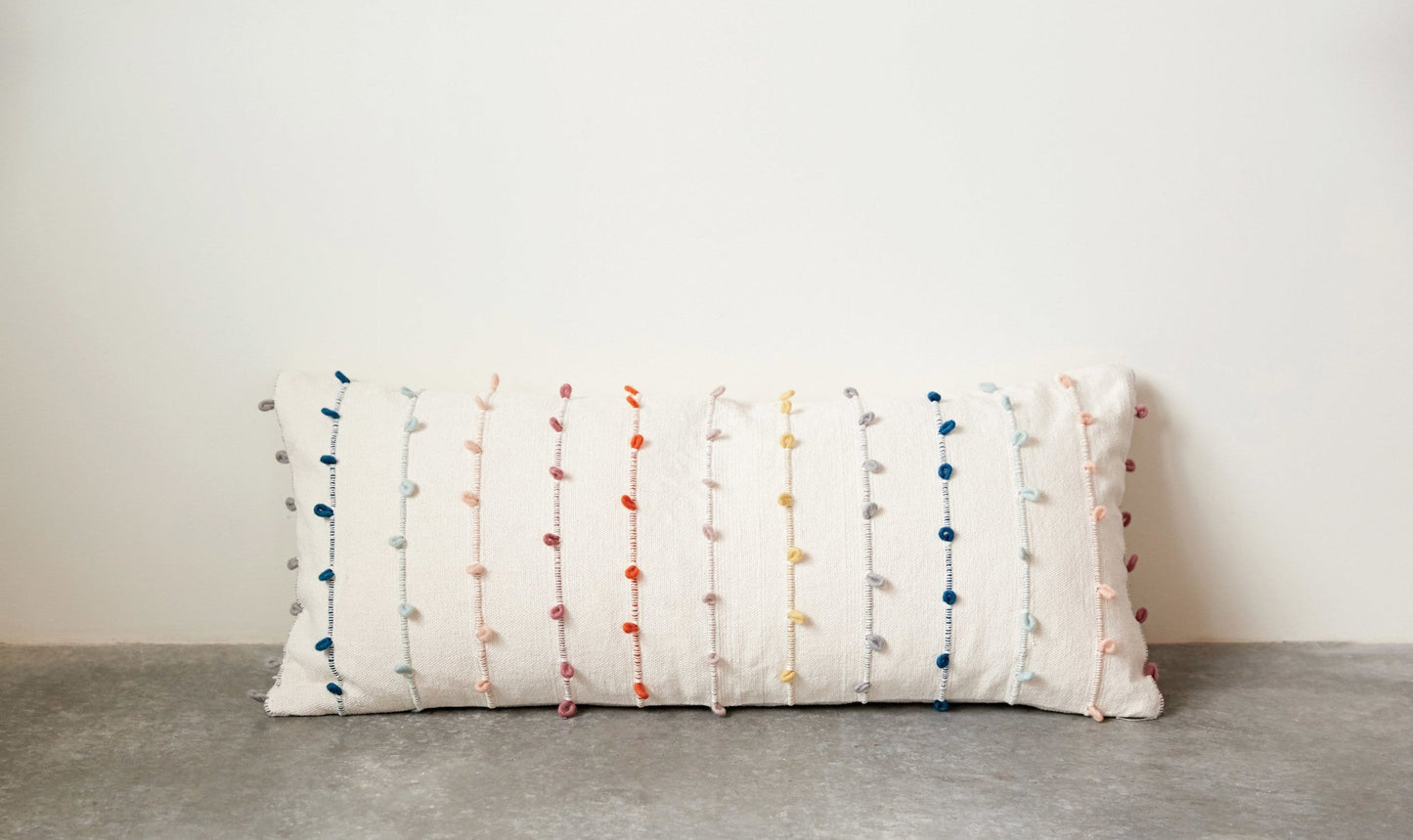White Cotton Pillow with Multicolor Embroidered Loop Stripes