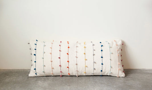 White Cotton Pillow with Multicolor Embroidered Loop Stripes