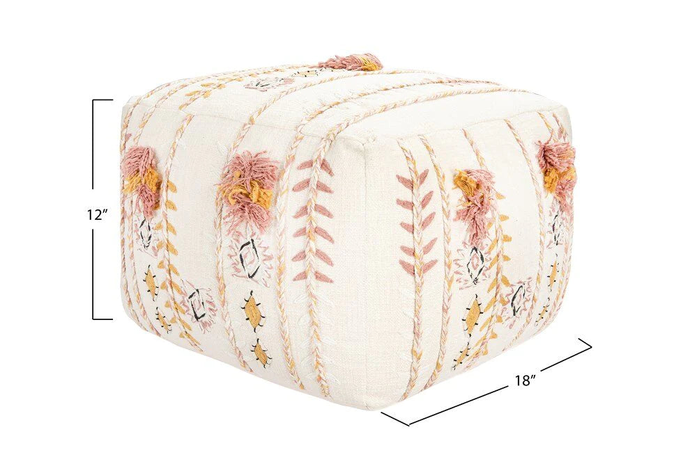 Cotton Embroidered Pouf with Applique Fringe