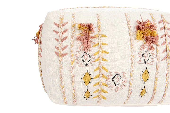 Cotton Embroidered Pouf with Applique Fringe