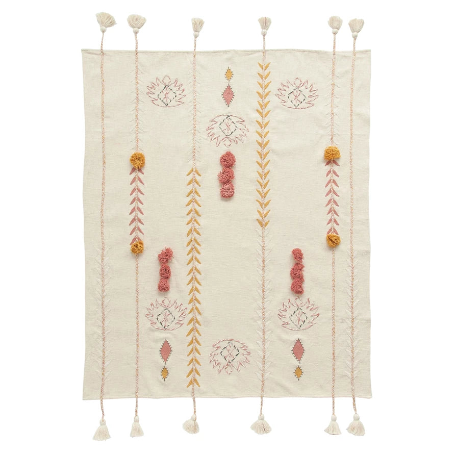 Embroidered Throw With Tassels and Applique