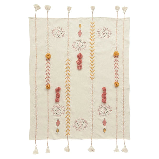 Embroidered Throw With Tassels and Applique