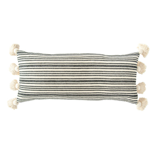 Natural & Black Woven Striped Pillow With Tassels
