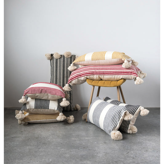 Natural & Black Woven Striped Pillow With Tassels