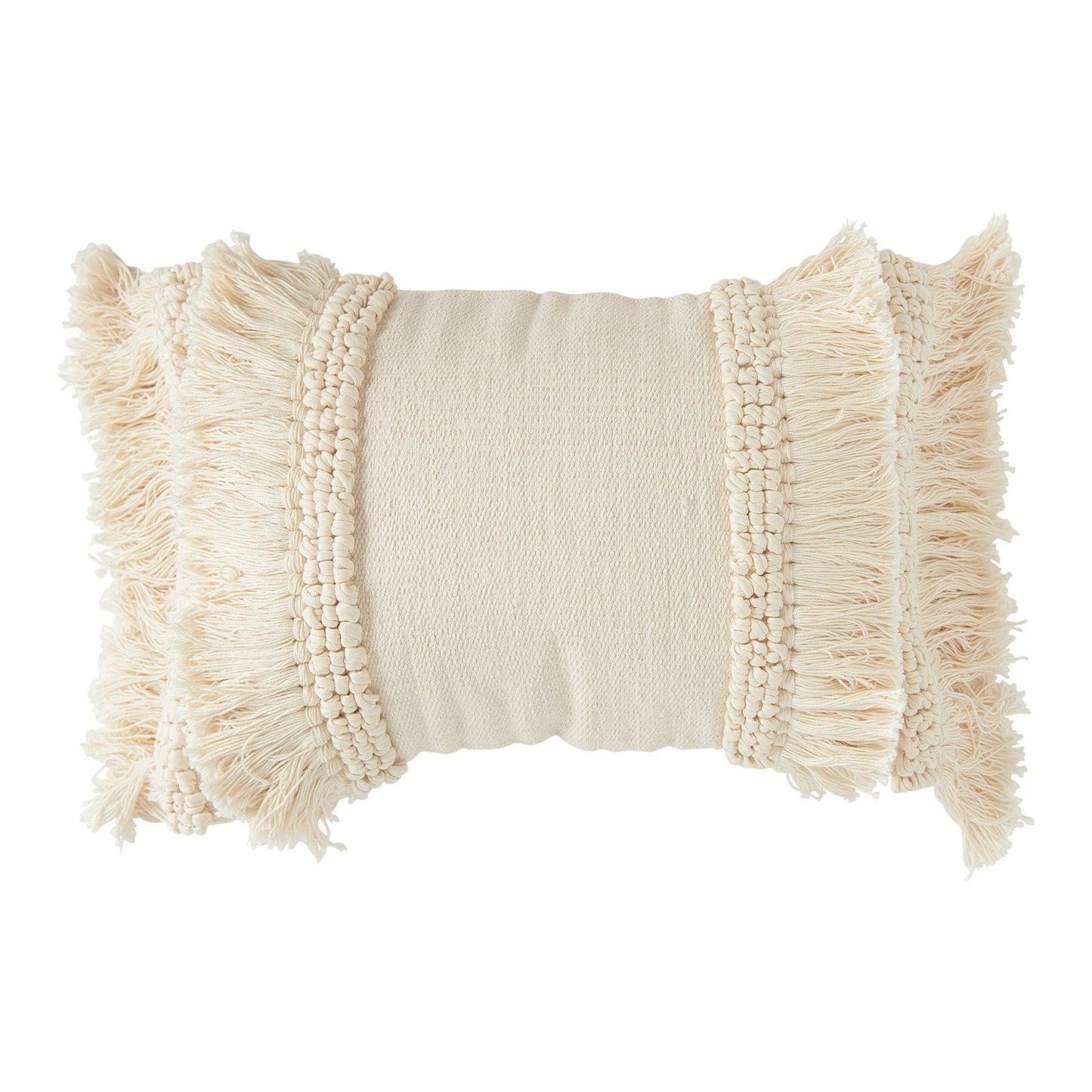 24" x 16" Cream Cotton & Chenille Woven Lumbar Long Fringe Pillow