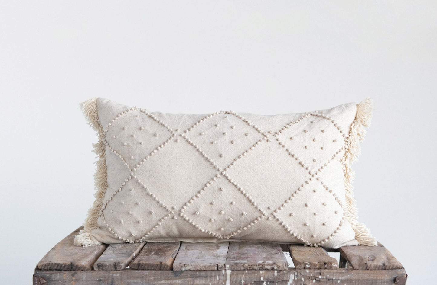 Lumbar Pillow with French Knots and Fringe