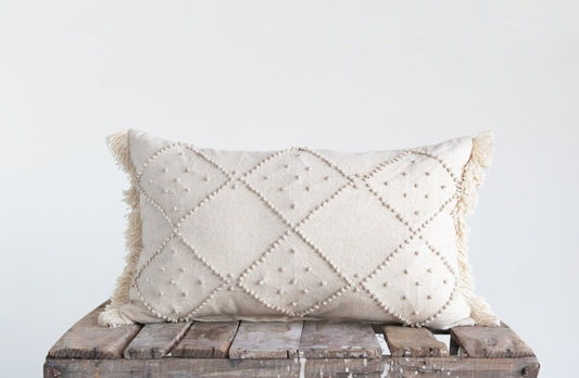 Lumbar Pillow with French Knots and Fringe