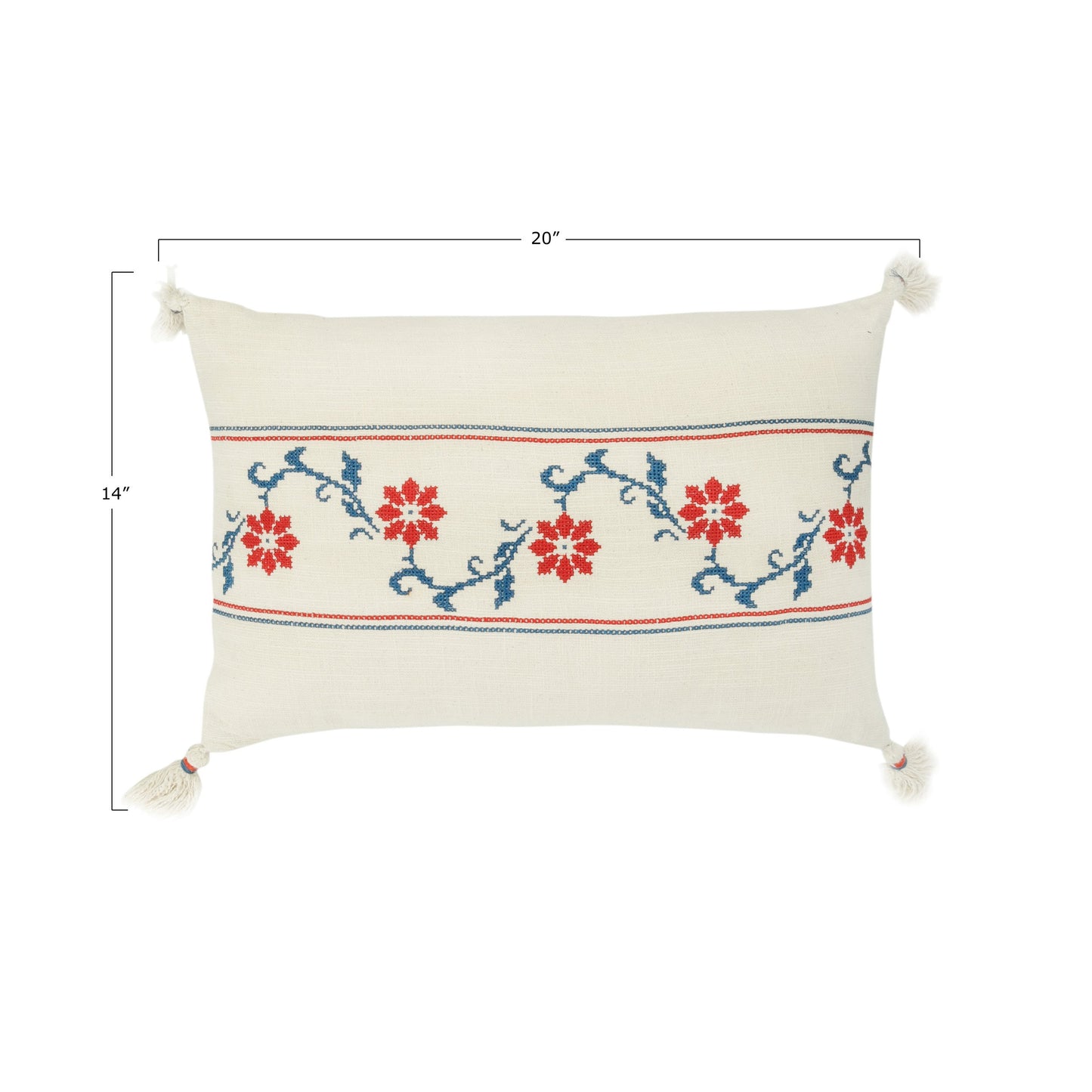 Floral Lumbar Pillow with Tassels and Embroidery
