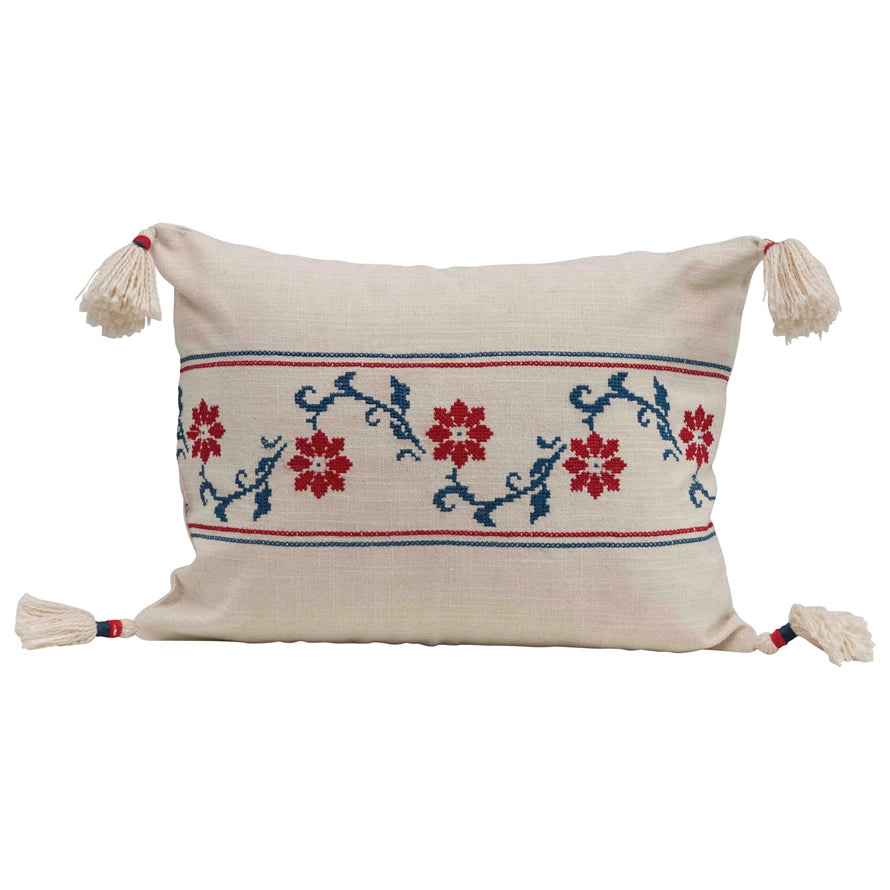 Floral Lumbar Pillow with Tassels and Embroidery